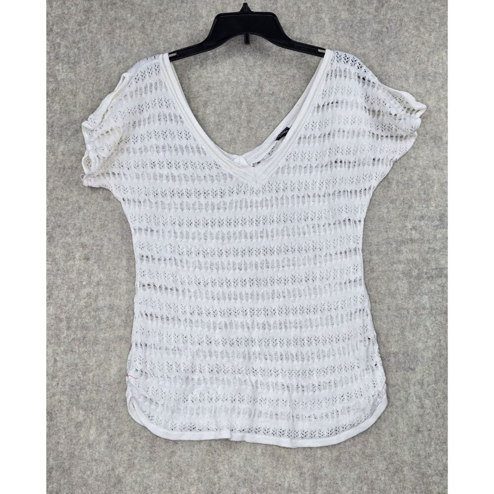 Vanity Womens White Knit Semi-Sheer Short Sleeve V-Neck Top Size M